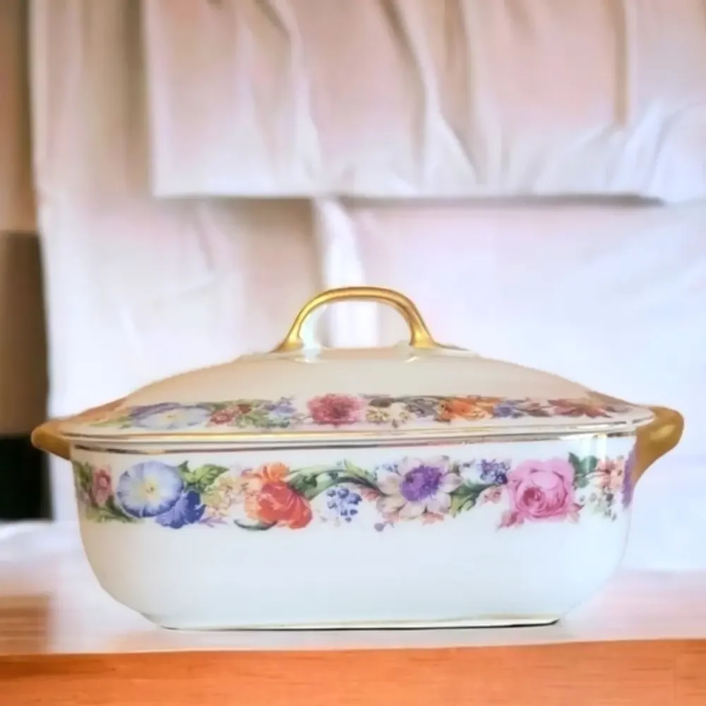 Antique‎ Square Vegetable Bowl, Aich Czechoslovakia, Floral Bands, Gold Trimmed